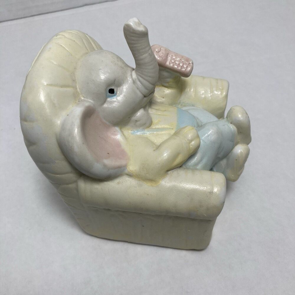Vintage Ceramic Elephant Figurine Nursery In Chair On Phone Pastel Coin Bank - Picture 2 of 5
